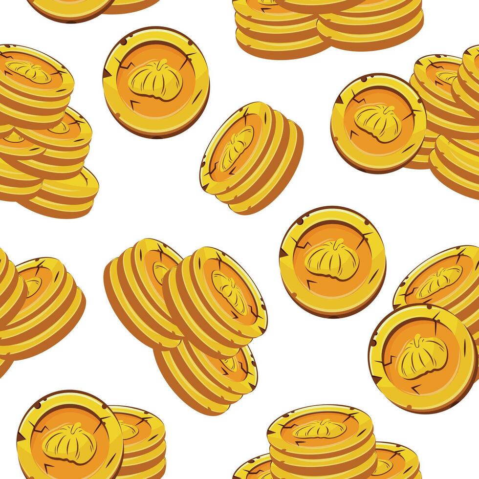 seamless pattern with yellow coins presented individually and in stacks of different sizes with round pumpkins, for mobile games, virtual currency or casino vector