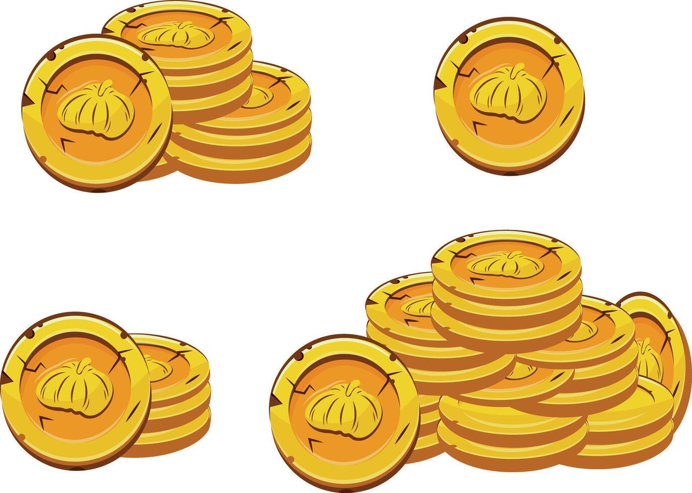set with yellow coins presented individually and in stacks of different sizes with round pumpkins, for mobile games, virtual currency or casino vector