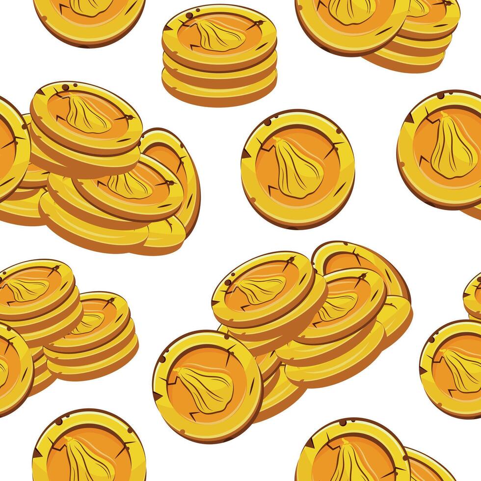 seamless pattern with yellow coins presented individually and in stacks of different sizes with autumn long pumpkin design vector