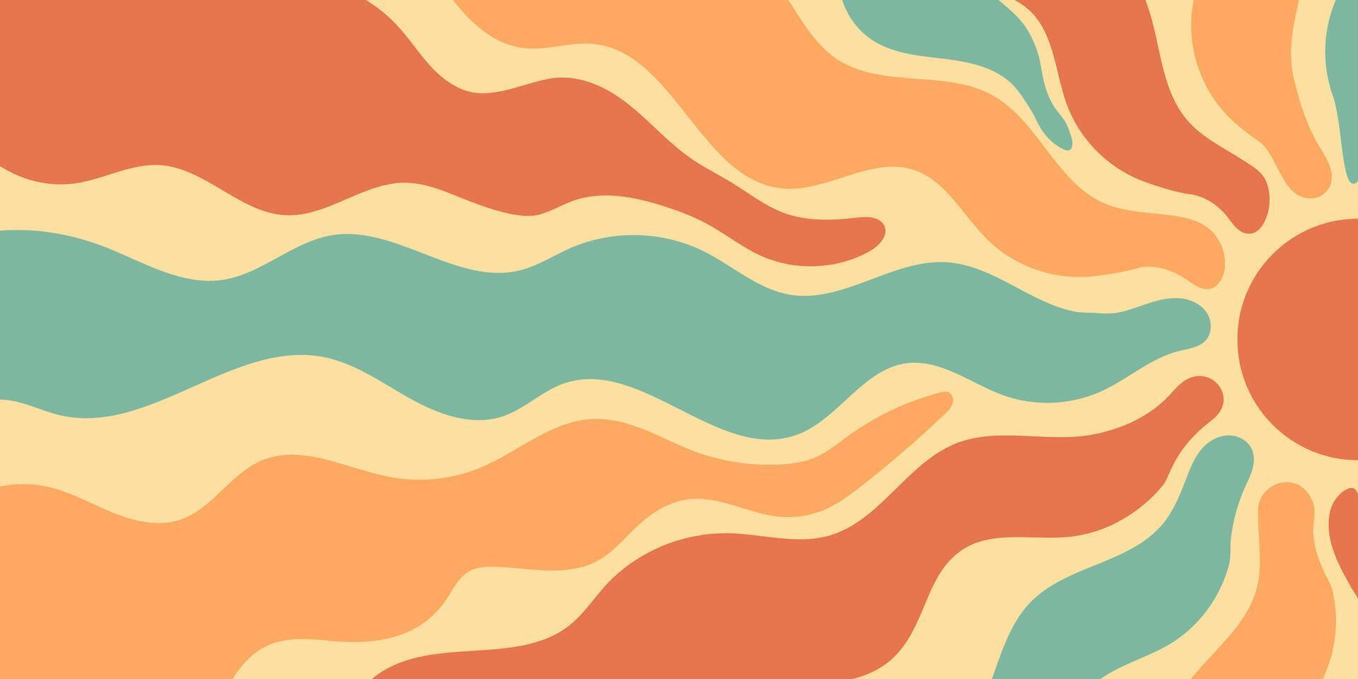 Groovy retro sun burst with orange and yellow wave pattern. Summer sunshine and y2k ray style, vibrant color playful background, horizontal orientation for trendy settings. vector