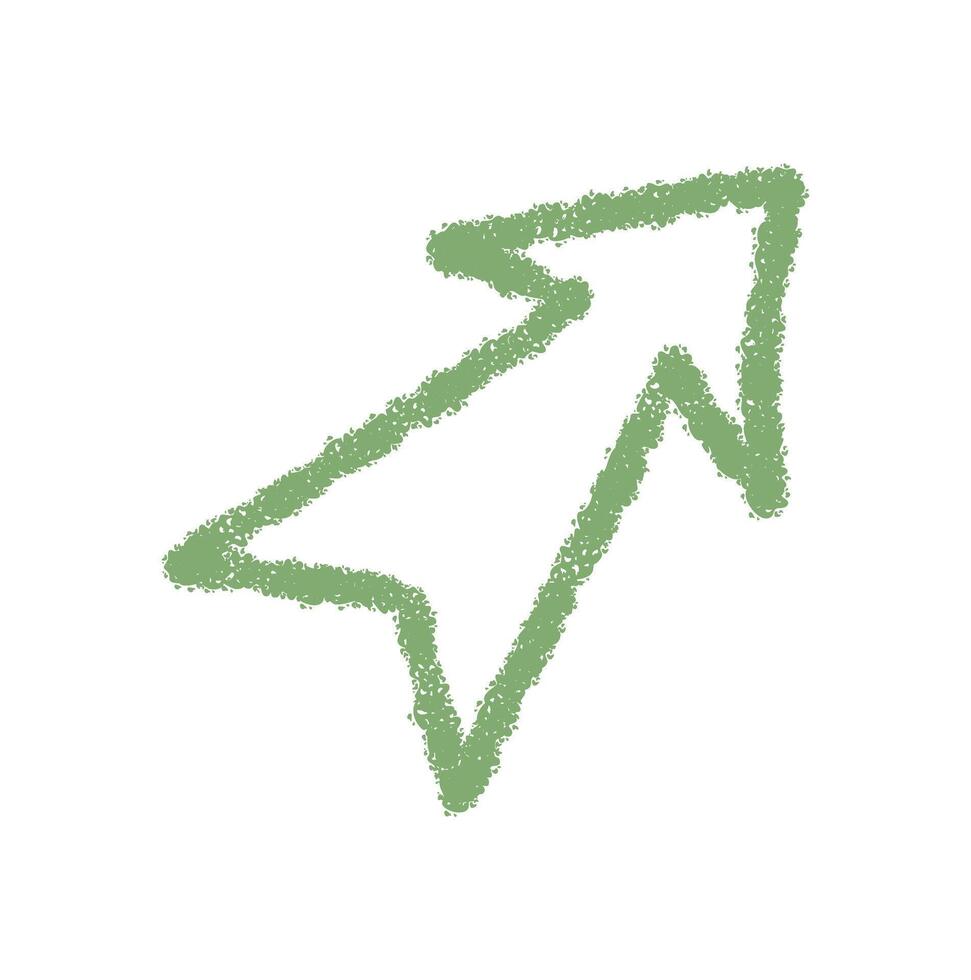 Green crayon sketch arrow icon with rough hand drawn style. Pointer symbol appears as a unique scribble element, using minimal lines for a simple and rustic mark, ideal for contemporary art or sign vector