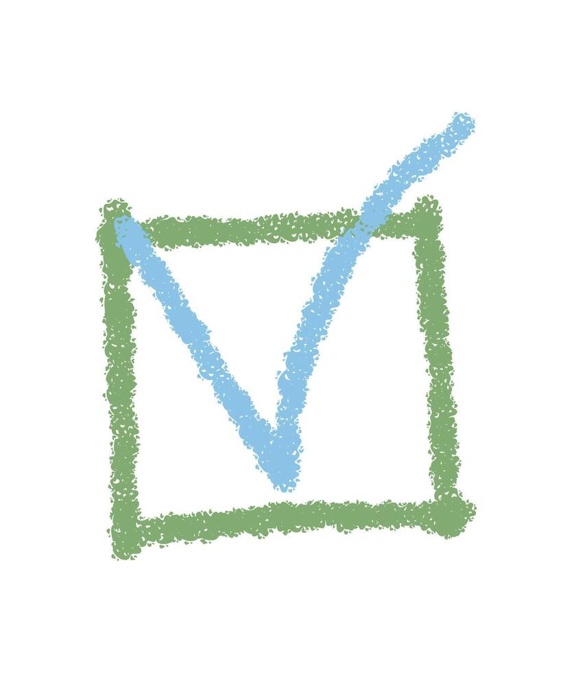 Crayon checkbox symbol in a rough sketch style with square shape and blue tick mark. This check box icon element creates a playful graphic, ideal for use in isolated projects. vector