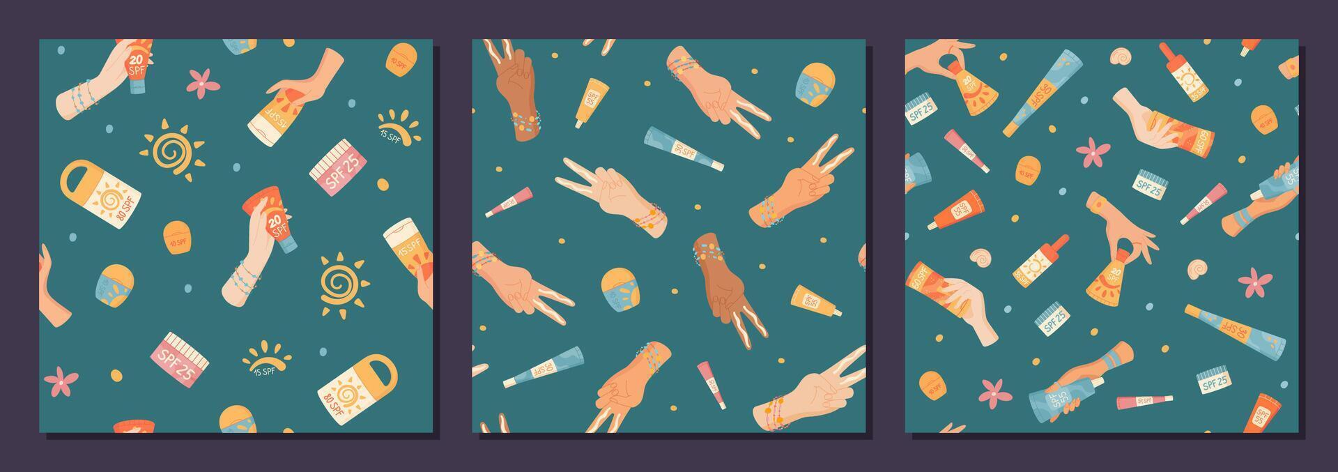 Cartoon seamless pattern with sunscreen bottle shapes and tube cream. Hand hold two bottles and lotion in summer concept. SPF sun protection in cosmetic care, repeating round rectangular forms. vector