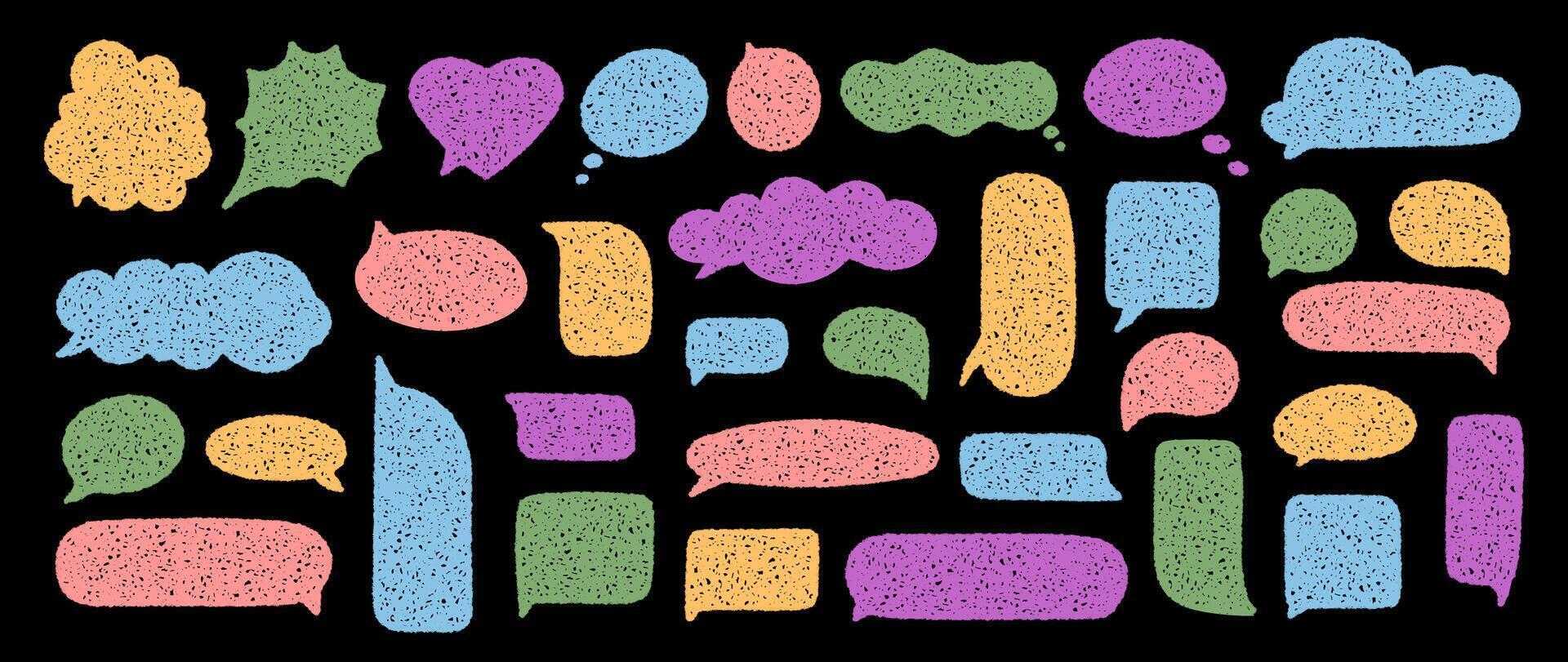 Organic chat bubble set in chalk sketch style. Speech cloud, round dialogue and handcrafted textbox balloon offer unique conversation and message shape. This colorful set uses organic forms for vector