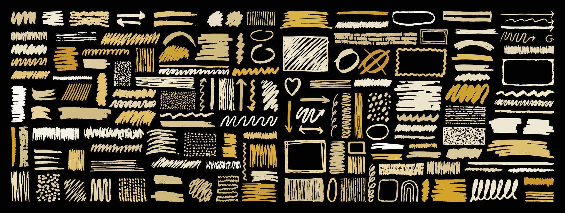 Creative highlight brush strokes set with arrows shapes, scribbles, rectangle and frames doodle pack. vector