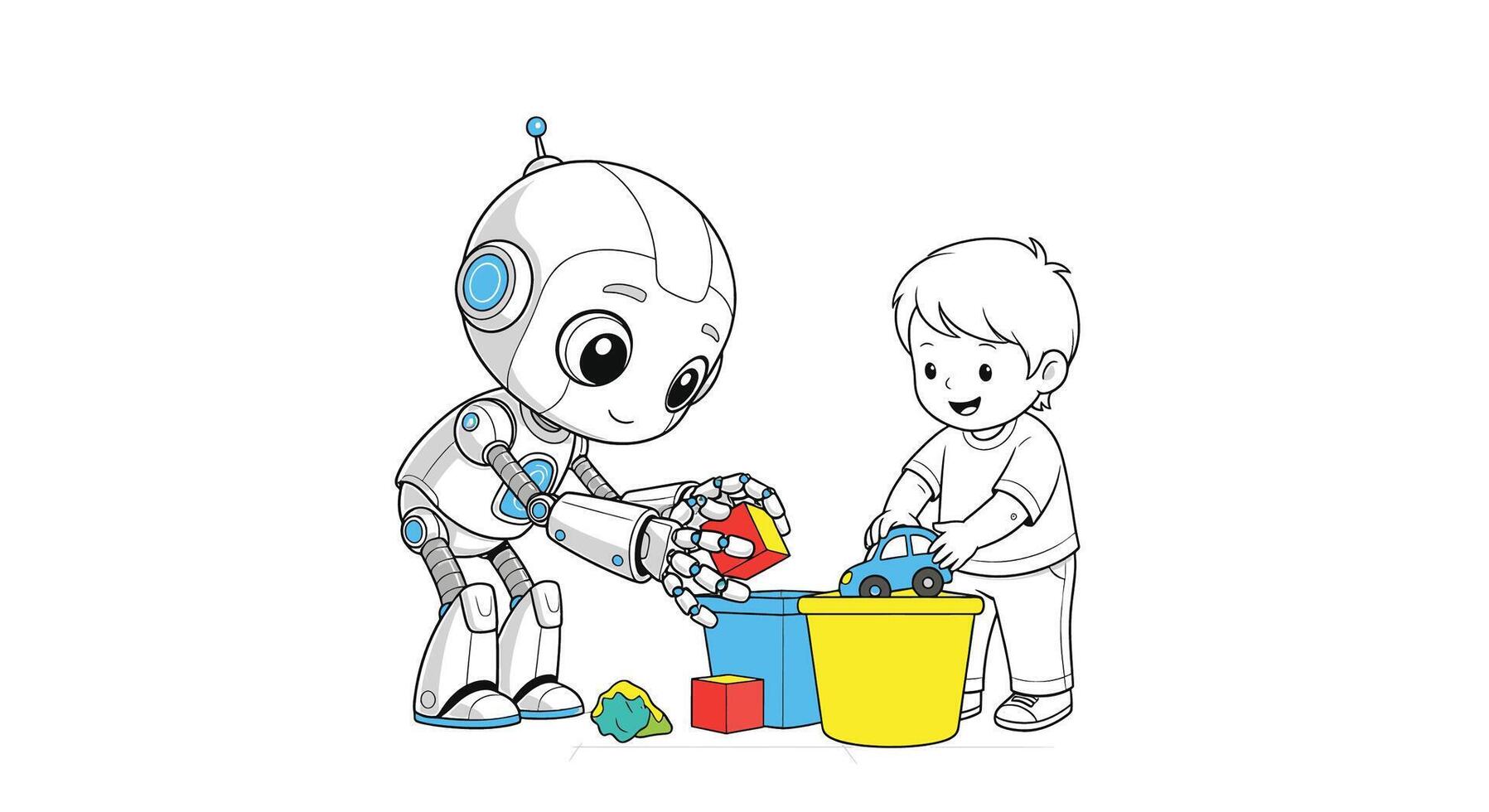 Adorable Robot and Child Joyfully Playing Together with Colorful Blocks and Toy Car in a Cheerful Setting vector