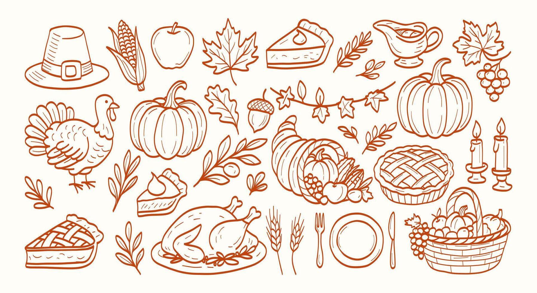A drawing of a Thanksgiving table with many different foods and utensils. The drawing is orange and has a festive mood vector