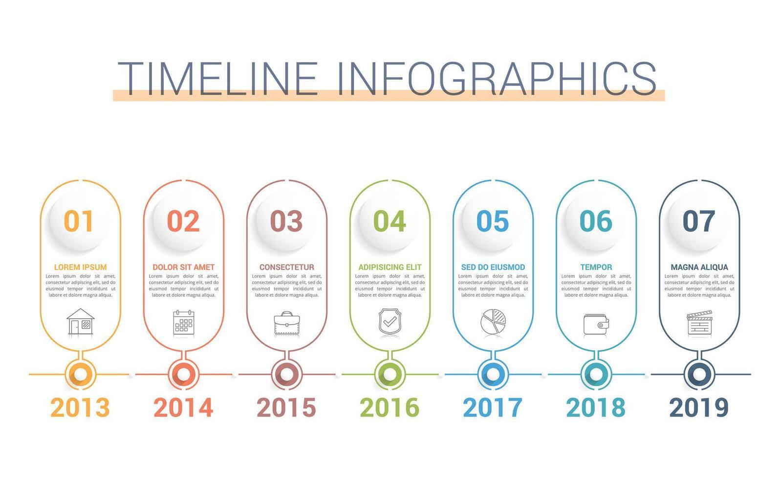 Seven steps timeline infographics template with vertical frames for icons and text vector