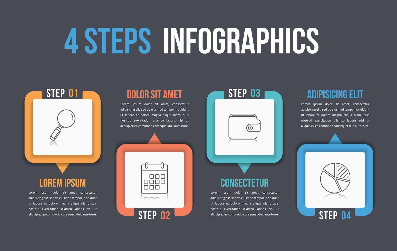 Four steps process chart template with icons and text, dark background vector