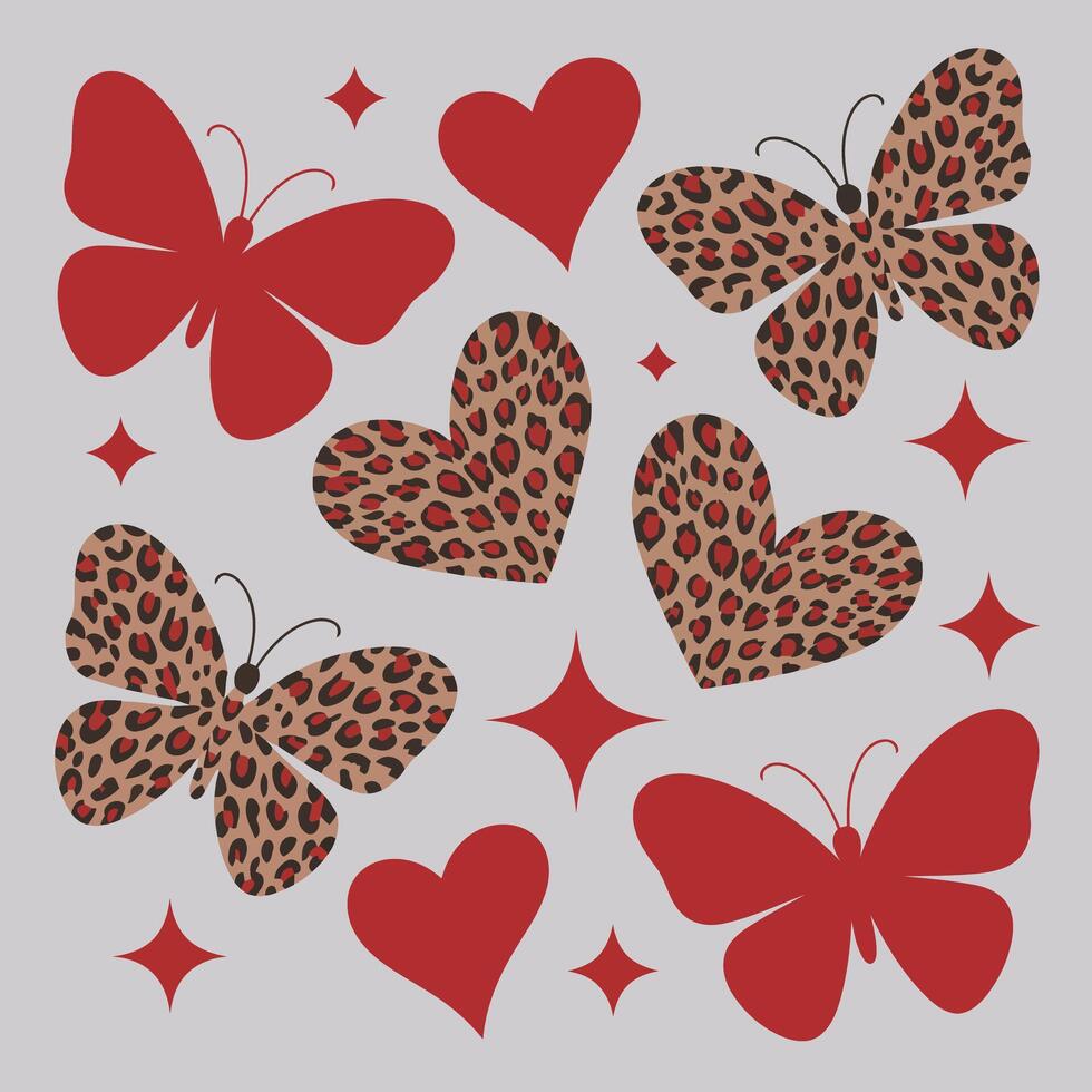 Whimsical butterflies and hearts with playful patterns create a charming, lovable design vector