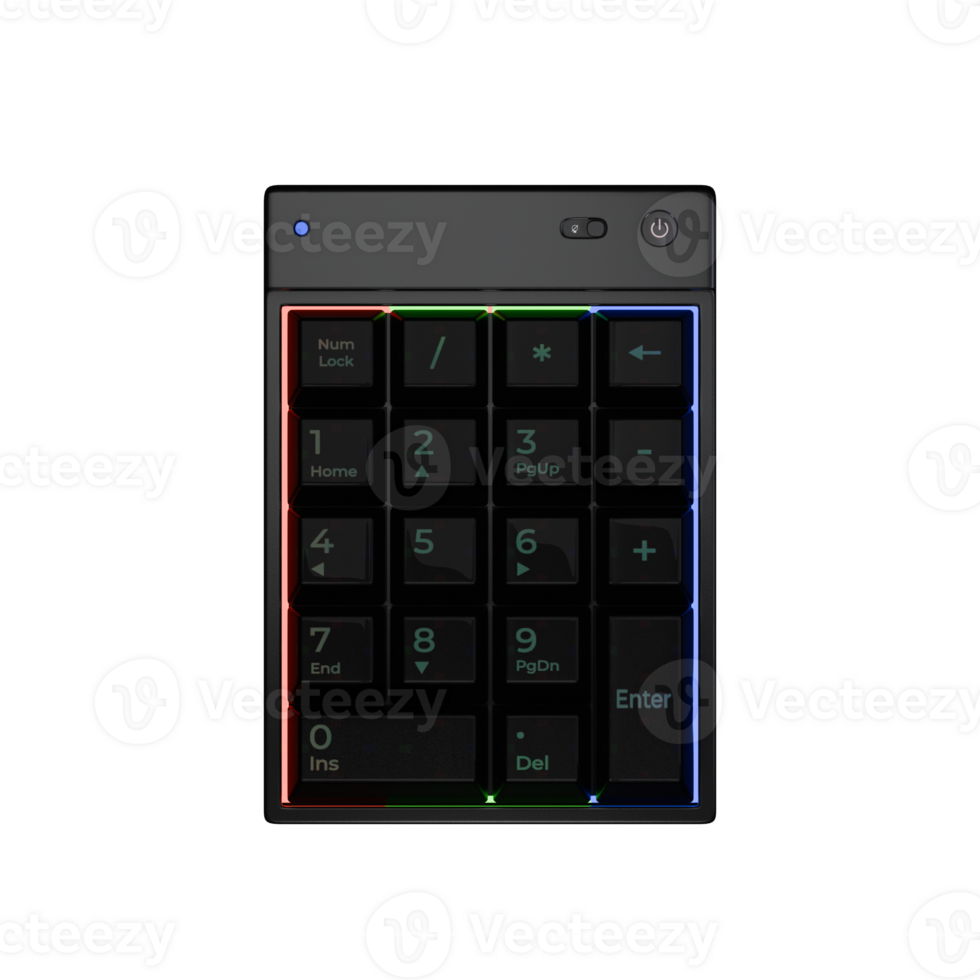 Illustration of Front View Black Numerical Keypad 3D Render with LED Lights png