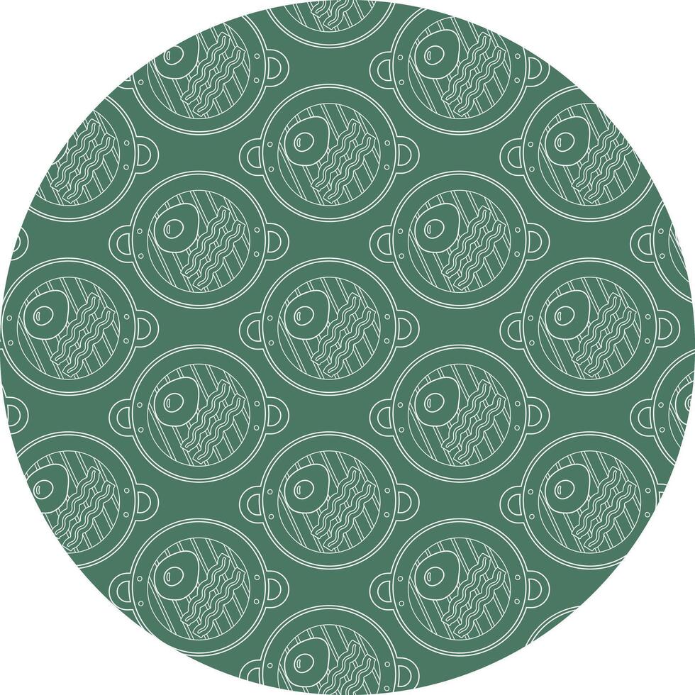 Bacon Strips and Fried Egg on Grill Pan with Handles Pattern on circle Backdrop Outline Chalk effect. Isolated illustration Food or Breakfast Thematic Cards Backdrop Menu Banner, leaflet, label vector