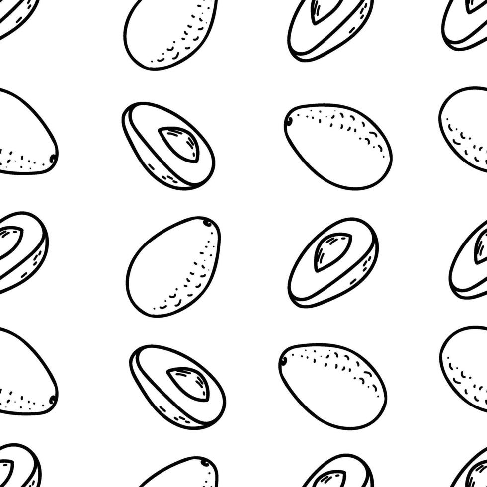 Avocado seamless graphic pattern in minimalistic style. Hand drawn Black and White line art of whole Fruit and Cut Slices isolated on a white background. For product packaging, menu and fabric prints. vector