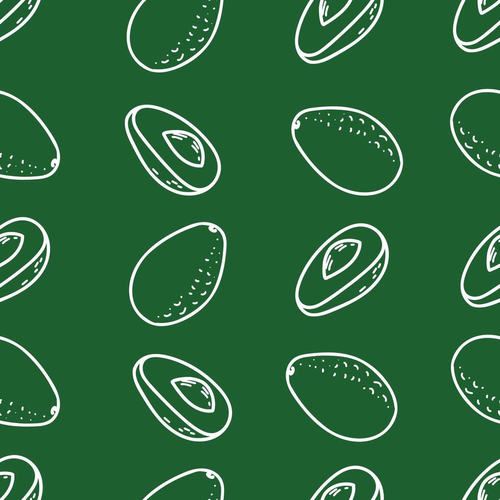 Avocado seamless graphic pattern in minimalistic style. Hand drawn white line art of whole Fruit and Cut Slices isolated on a green background. For product packaging, menu and fabric prints. vector