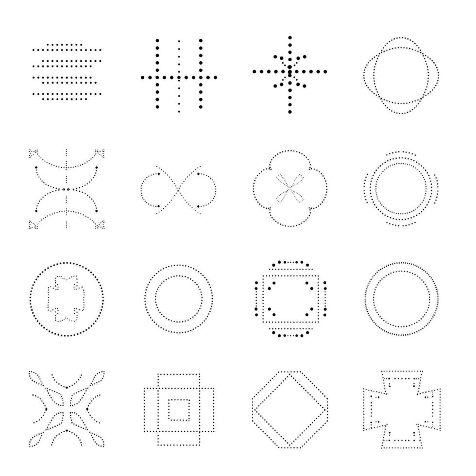 Black dotted line patterns, isolated elements, evenly distributed, flat design, white background vector