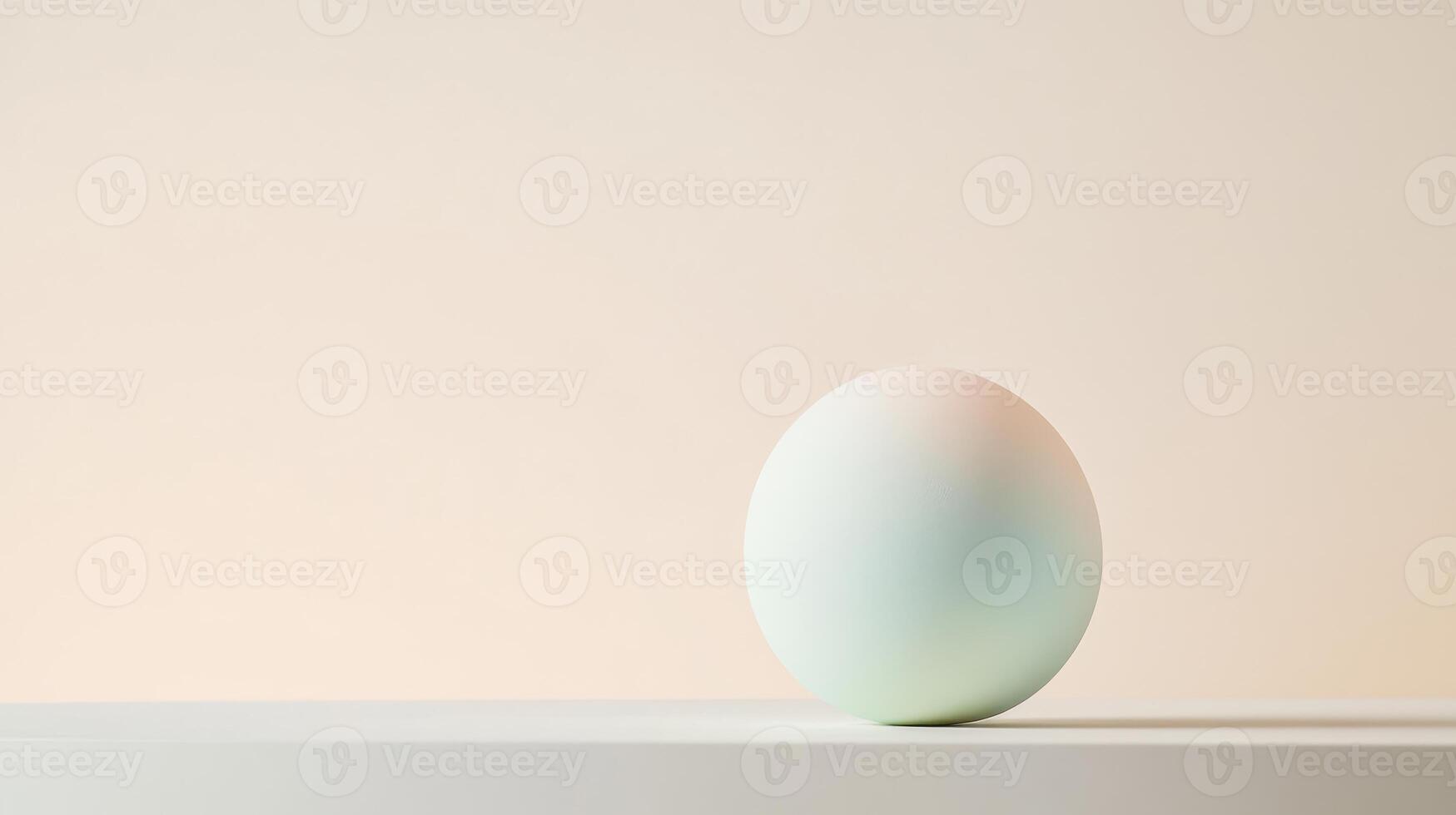 A singular smooth sphere displays a delicate gradient resting calmly on a white surface, set against a minimalistic soft backdrop photo
