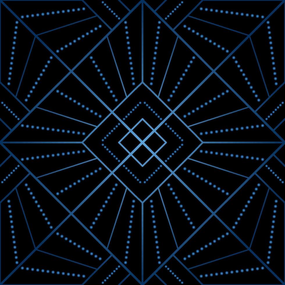 Seamless geometric pattern from lines and dots. decorative square diagonal ornament. Blue gradient pattern on black background. Strict monochrome design. Mosaic tile background vector