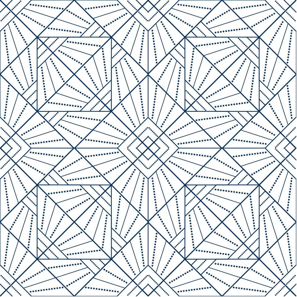 Kaleidoscope seamless geometric pattern from lines and dots. decorative square diagonal ornament. Blue pattern on white background. Strict monochrome design. Mosaic tile ornament vector