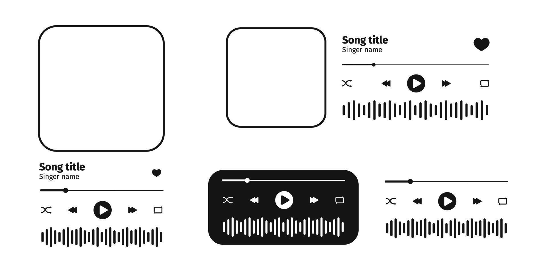 MP3 player interface templates with album cover frame, buttons, progress loading bar and sound wave. Audiobook, podcast or online radio playback widgets. graphic illustration vector