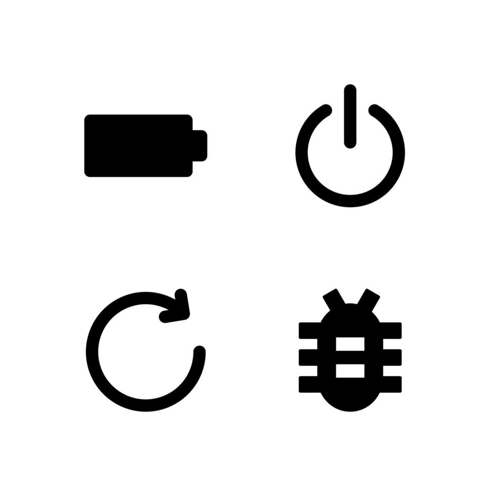 Battery Power Button Reboot and Bug Report Solid Icon Set for Device Control UI vector