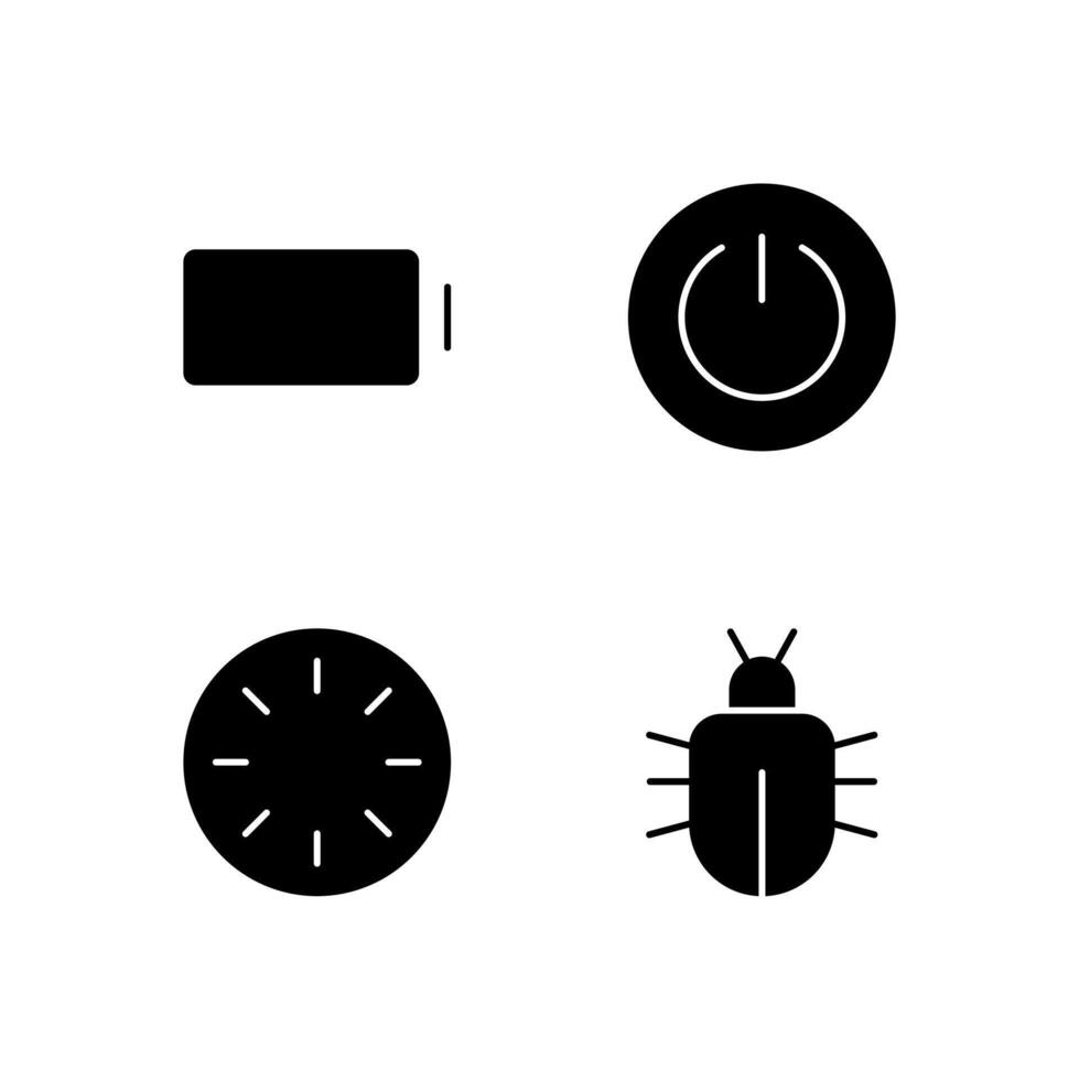 Battery Power Button Reboot and Bug Report Solid Icon Set for Technology Platform vector