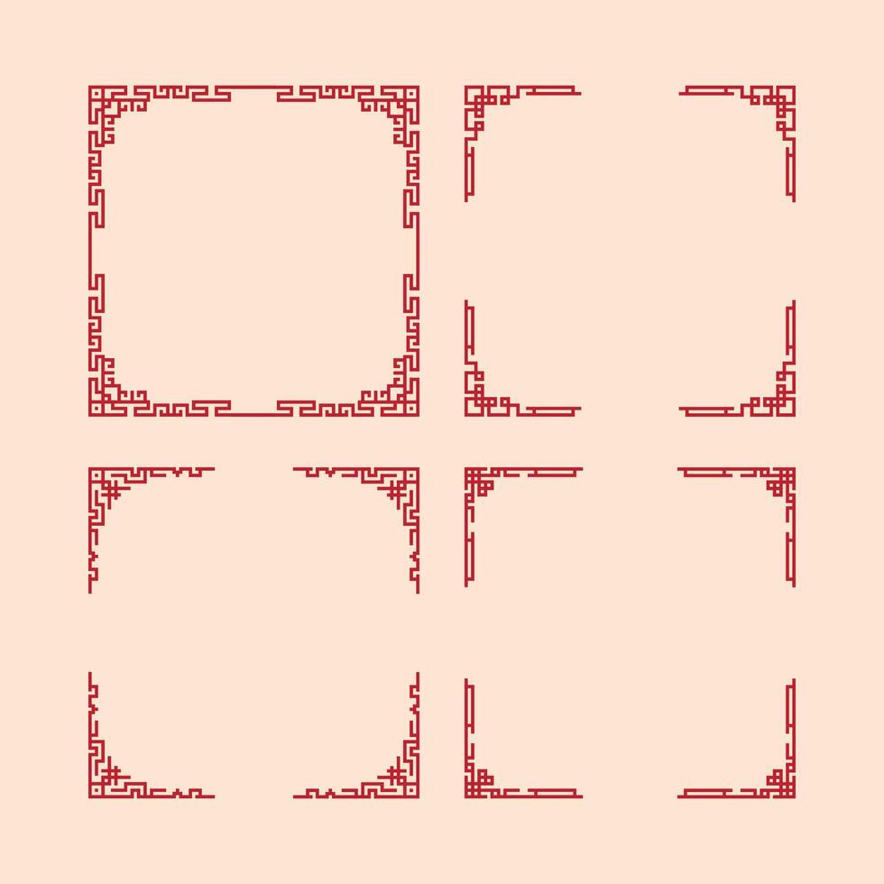 A set of red and white Chinese-style brackets. The brackets are arranged in a row, with some overlapping and others standing alone. Scene is elegant and sophisticated, with the red. vector