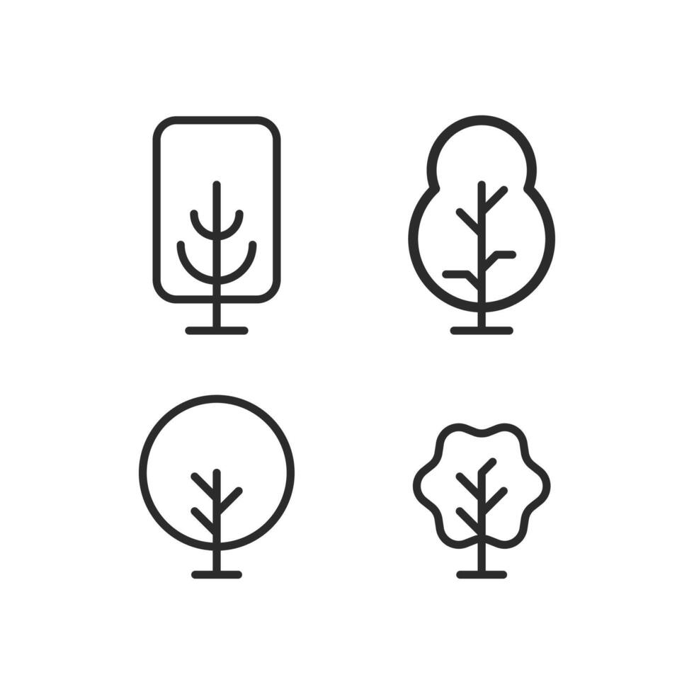 Four different types of trees are shown in a black and white drawing. The trees are all different shapes and sizes, with one being a small tree and the others being larger vector