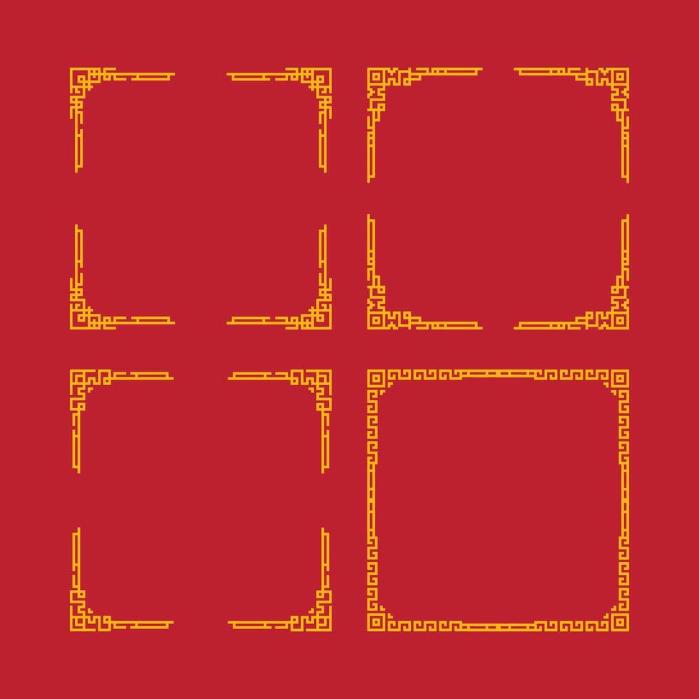 A set of yellow and red Chinese-style brackets. The brackets are arranged in a grid of eight, with each bracket having a different size and shape. Scene is elegant and sophisticated vector