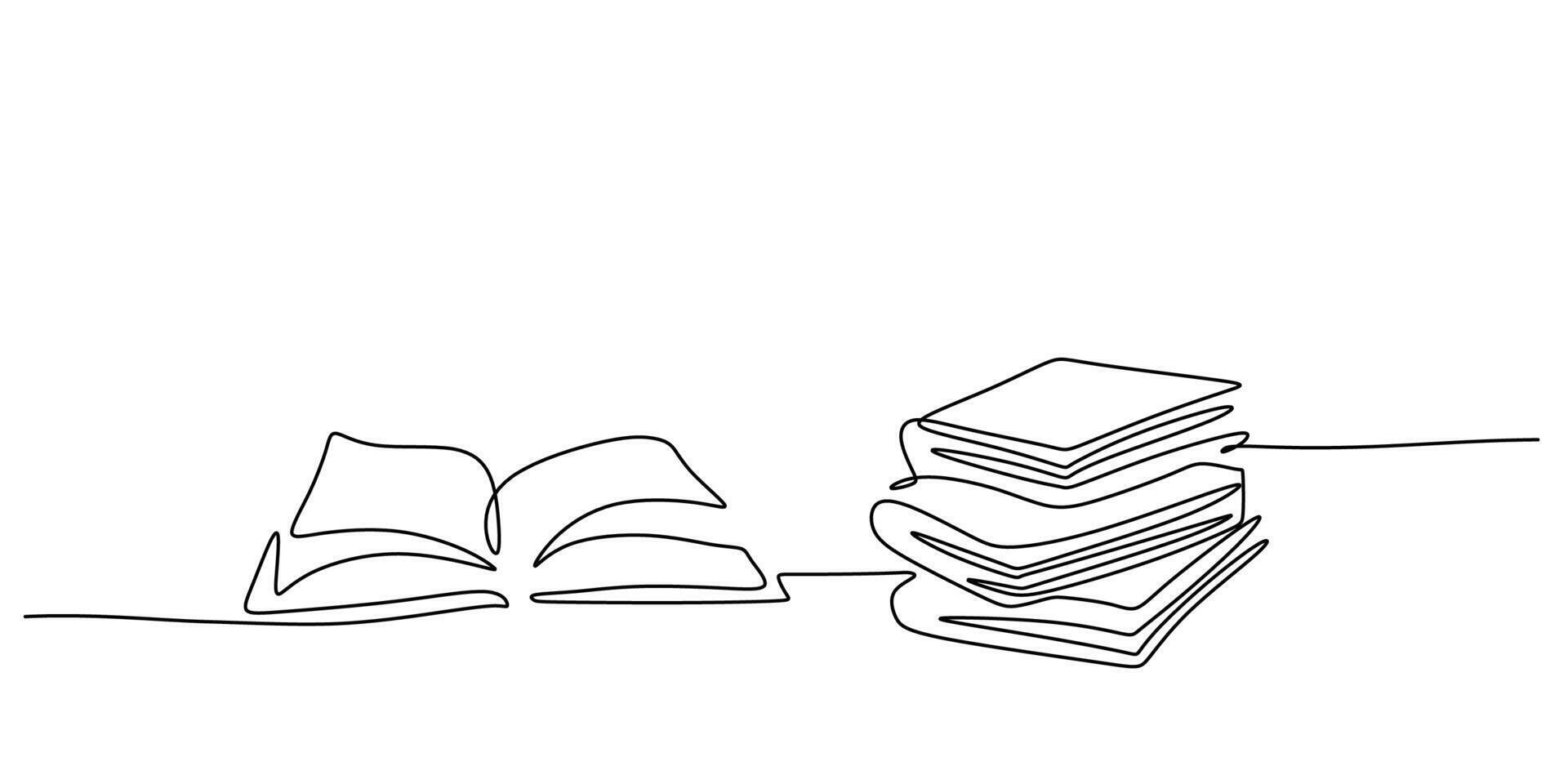 Stack of book paper continuous one line drawing. Symbol of library research, studying, and learning. Simple contour hand drawn for a bookstore, school, or university knowledge concept. vector