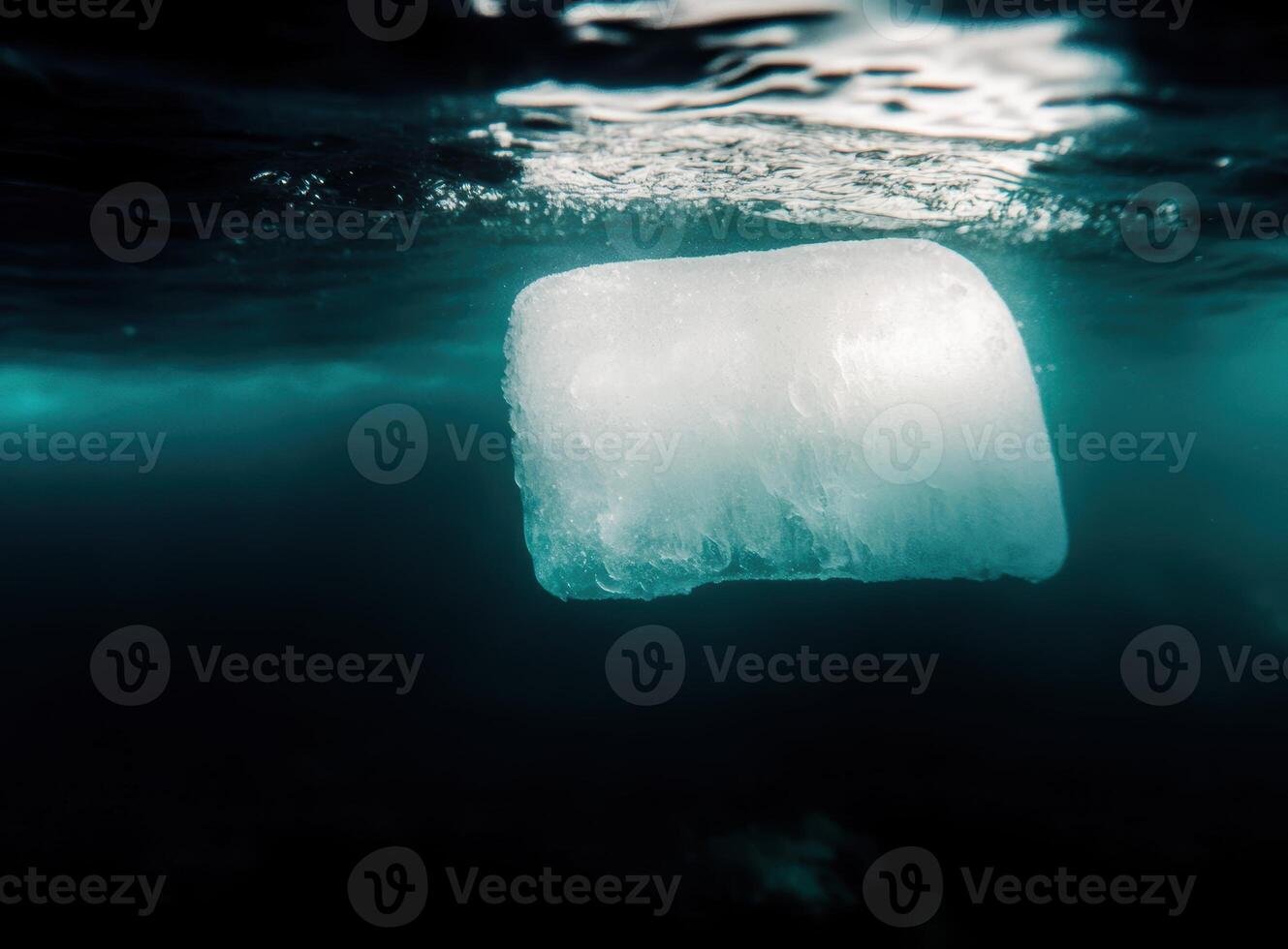Ice block floating underwater in a tranquil environment with soft light photo