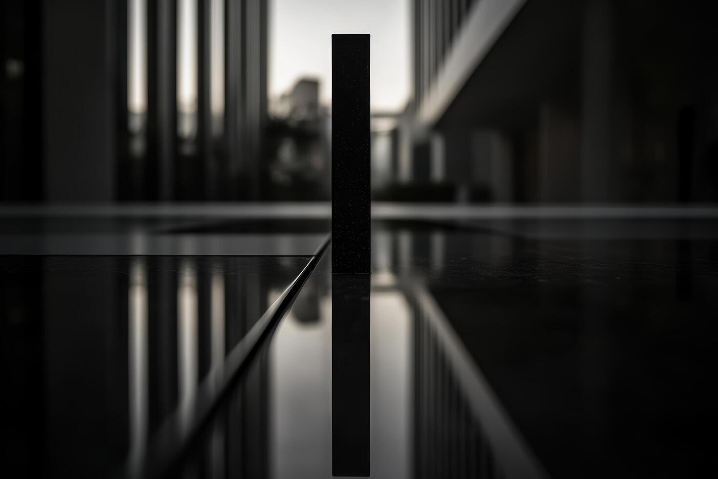 Minimalist reflection of a black object in modern architecture at dusk photo