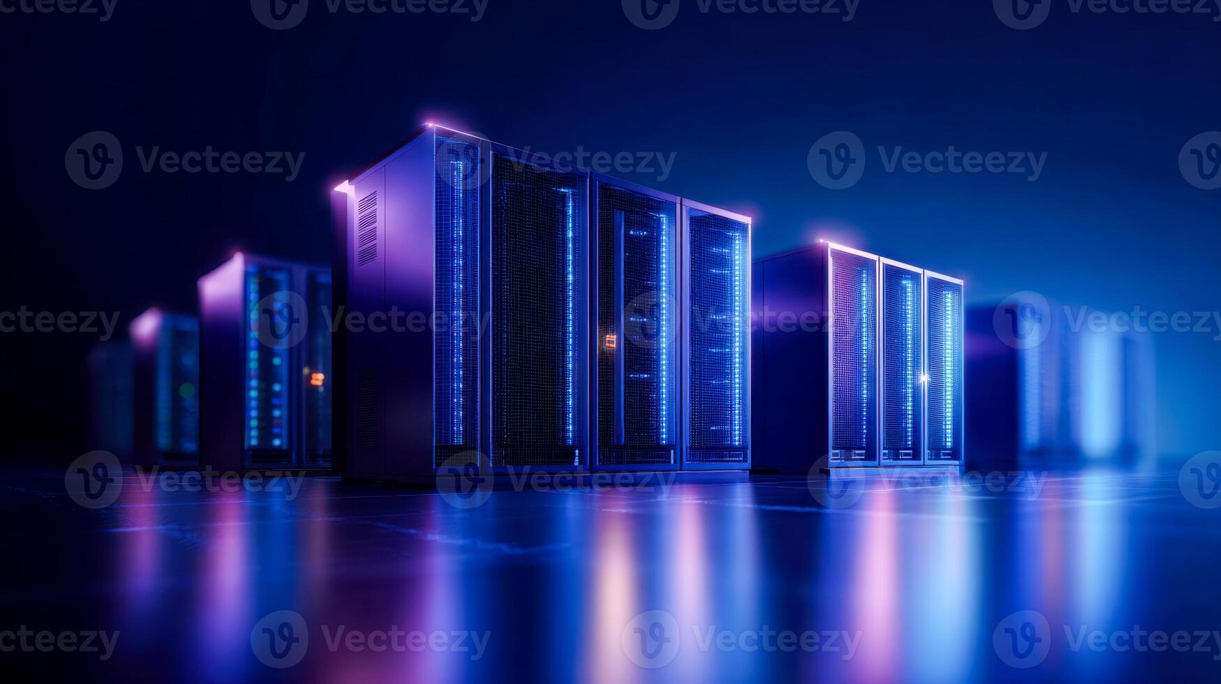 Modern data servers in a glowing blue-lit room, symbolizing cloud computing, big data, cybersecurity, digital storage, IT infrastructure, and futuristic technology photo