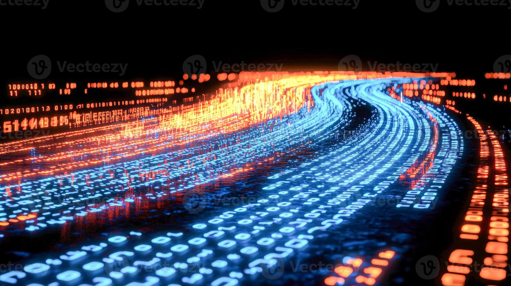 Digital data stream resembling a futuristic highway with glowing binary code photo