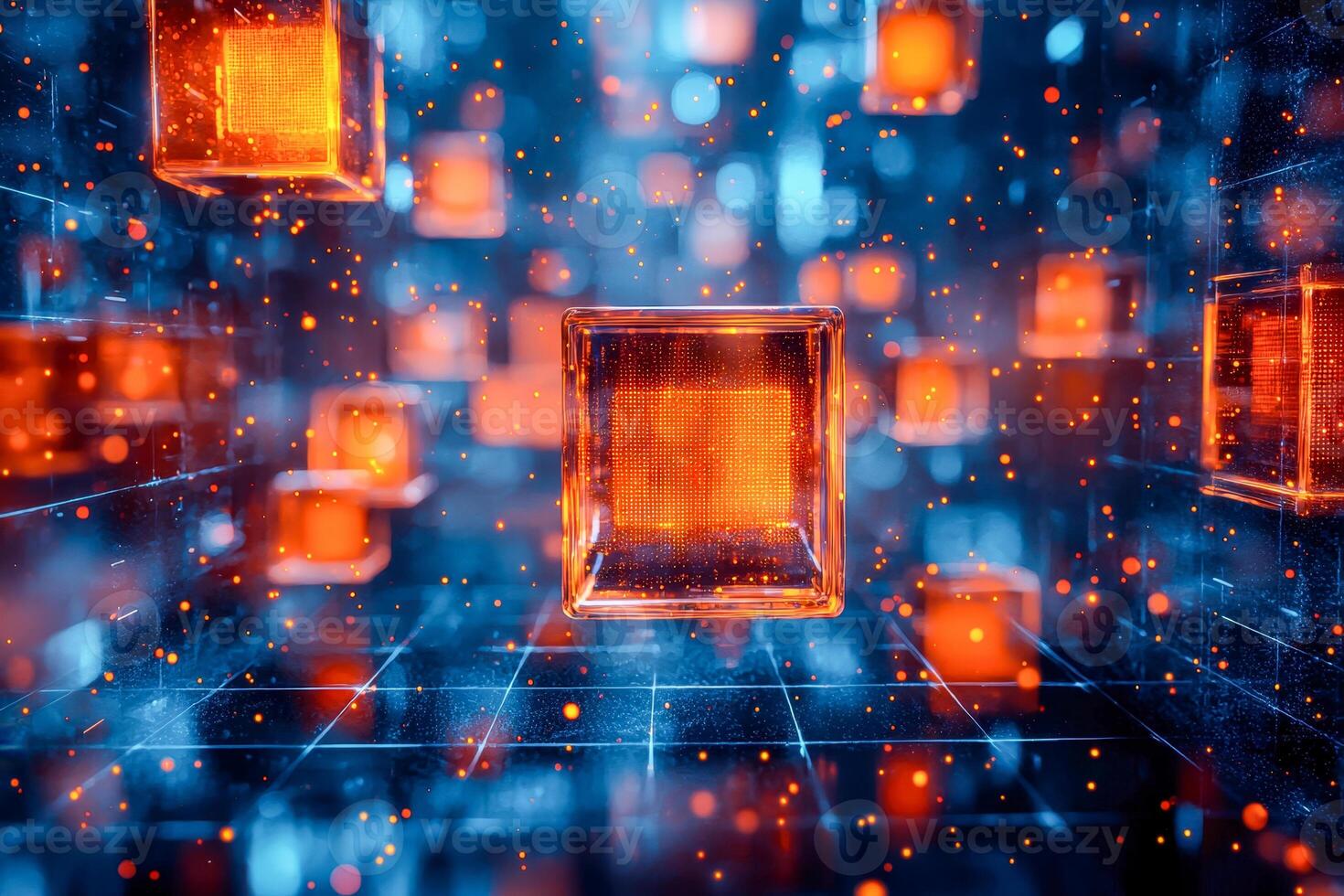 Digital abstract with glowing cubes and data visualization elements photo