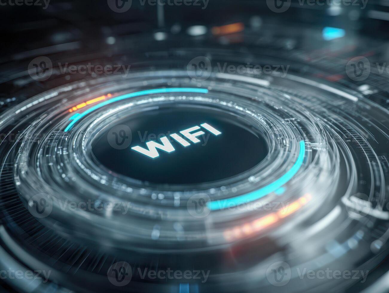 Futuristic digital interface with glowing wifi symbol surrounded by circular data patterns and neon blue and orange highlights representing wireless connectivity technology photo