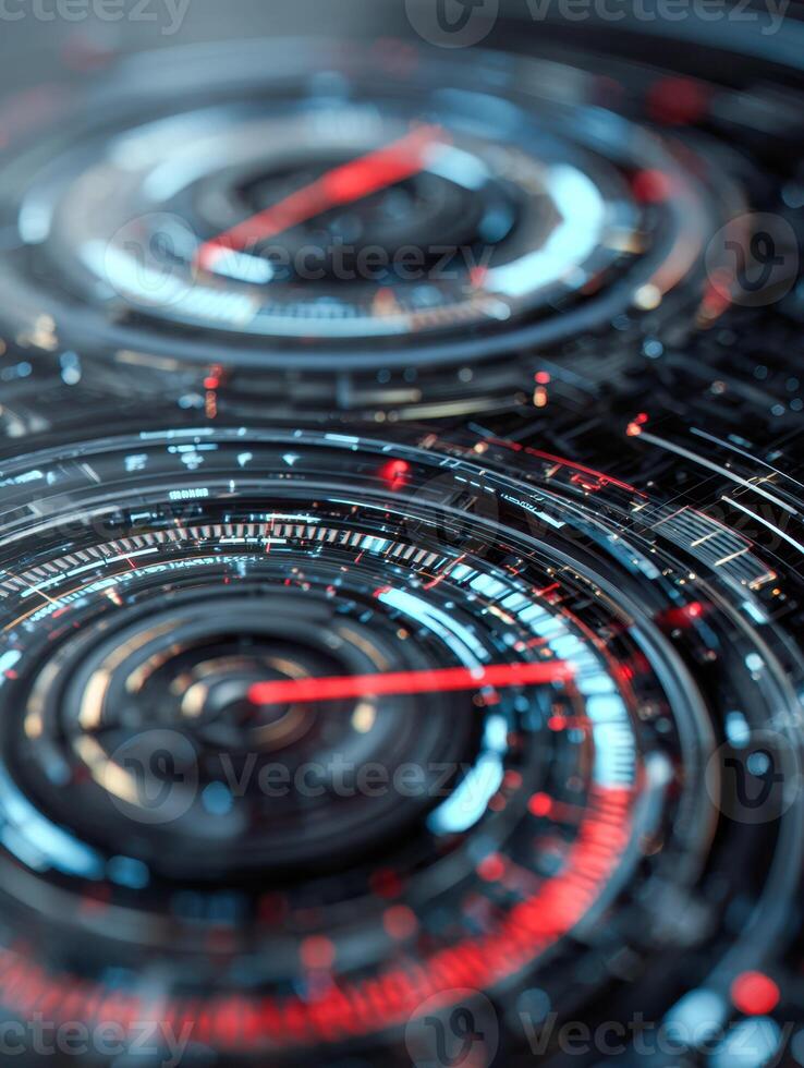 Futuristic digital interface with concentric rings and glowing indicators showcasing advanced technology and high-speed data visualization photo