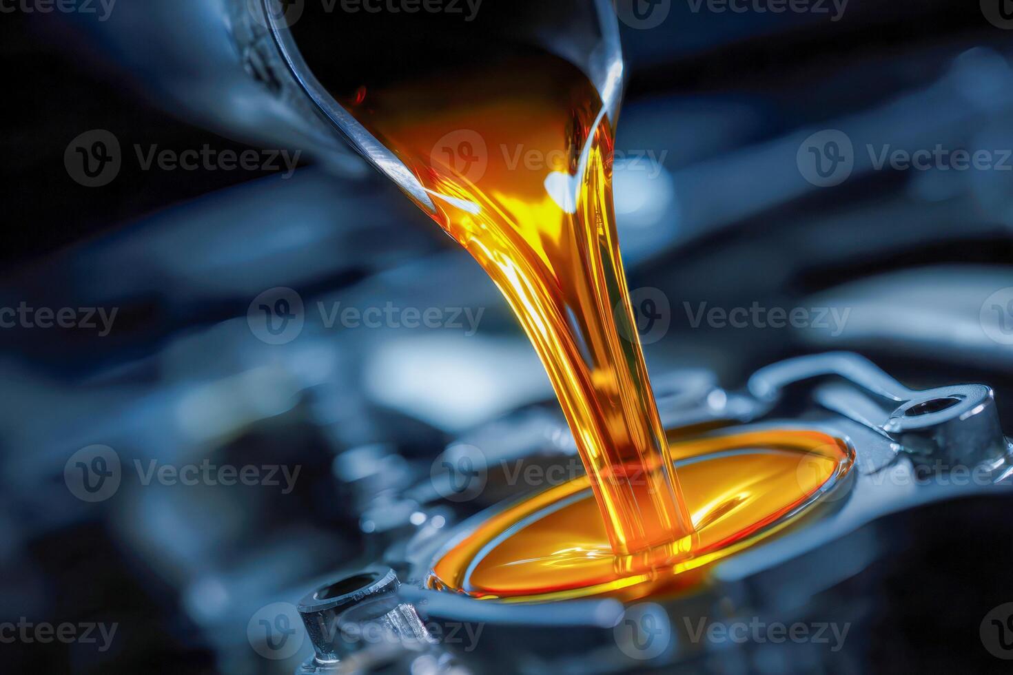 Close-up of motor oil being poured into an engine, highlighting the rich amber color and fluid dynamics within a high-performance mechanical system photo