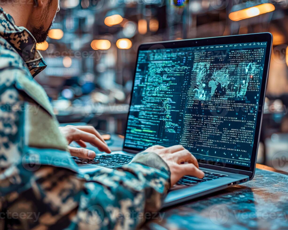Person working on a laptop with code and digital graphics on the screen in a dimly lit environment photo
