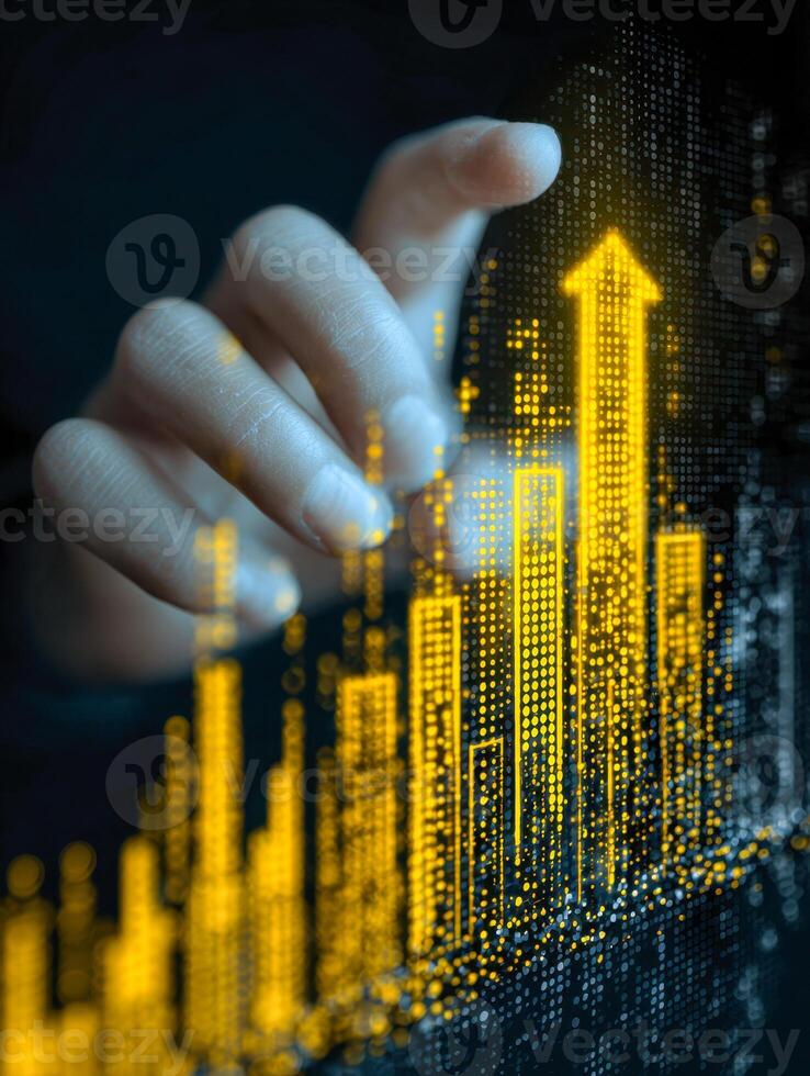 Digital data visualization of financial growth and technological progress represented by an upward trending bar chart illuminated in golden hues, symbolizing success and innovation photo