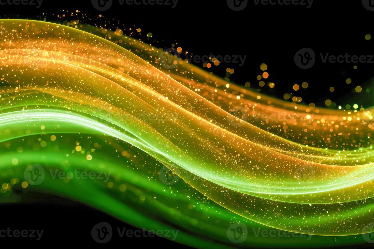 Dynamic abstract background featuring vibrant flowing green and gold light trails with sparkling particles against a sleek black backdrop, ideal for digital design or technology th photo