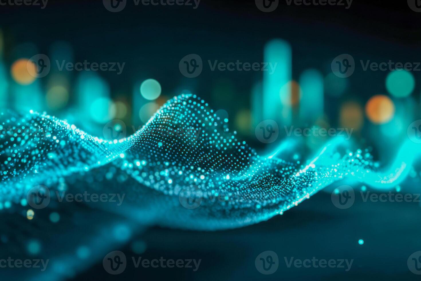 Abstract close-up of glowing blue digital wave particle mesh with blurred light effects in futuristic technology and data visualization concept photo
