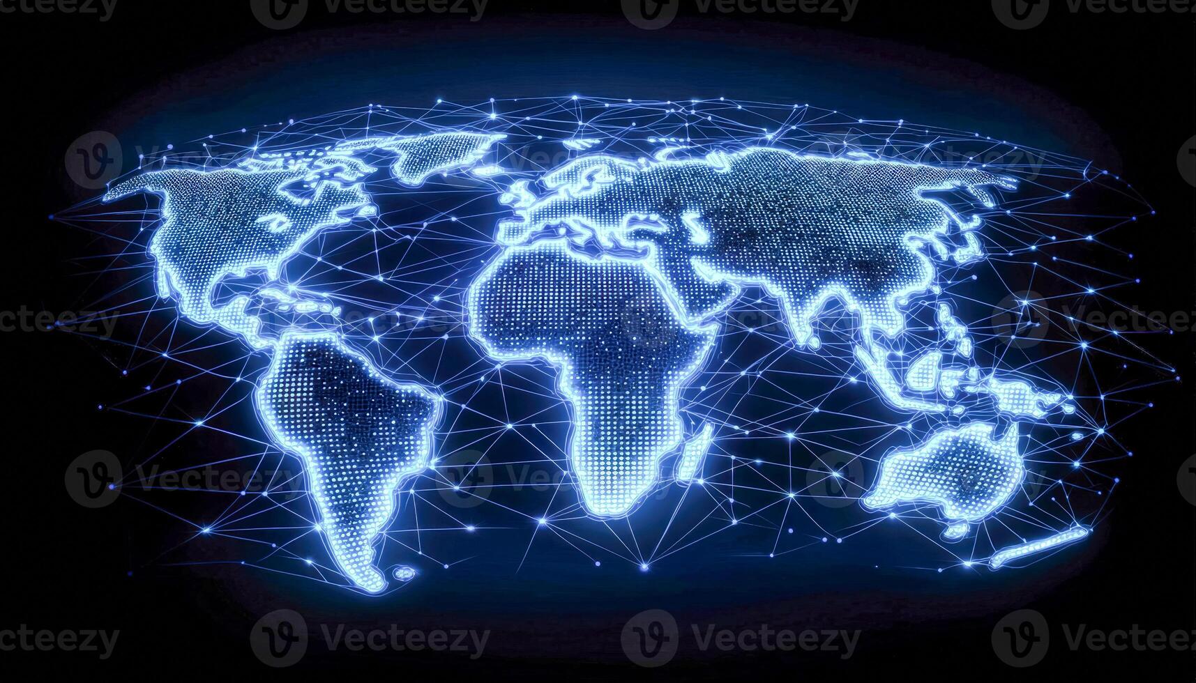 Digital world map with connected nodes representing global network and technology photo
