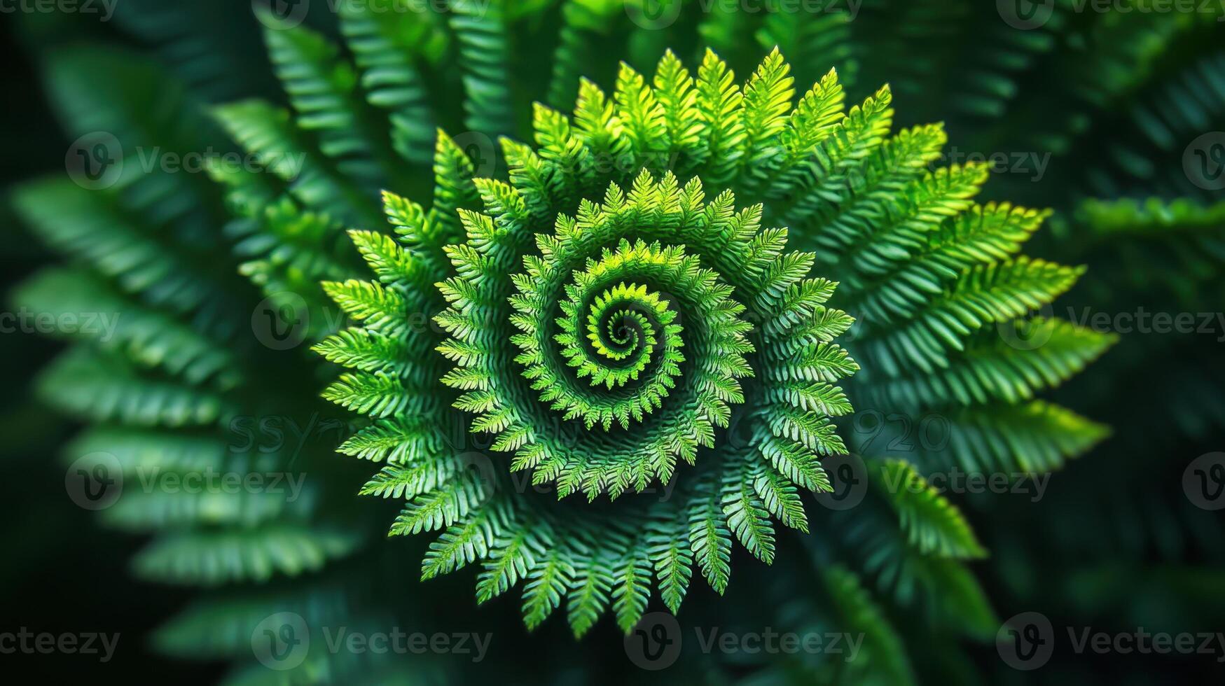 Close-up of a vibrant green fern frond curled into a spiral pattern photo