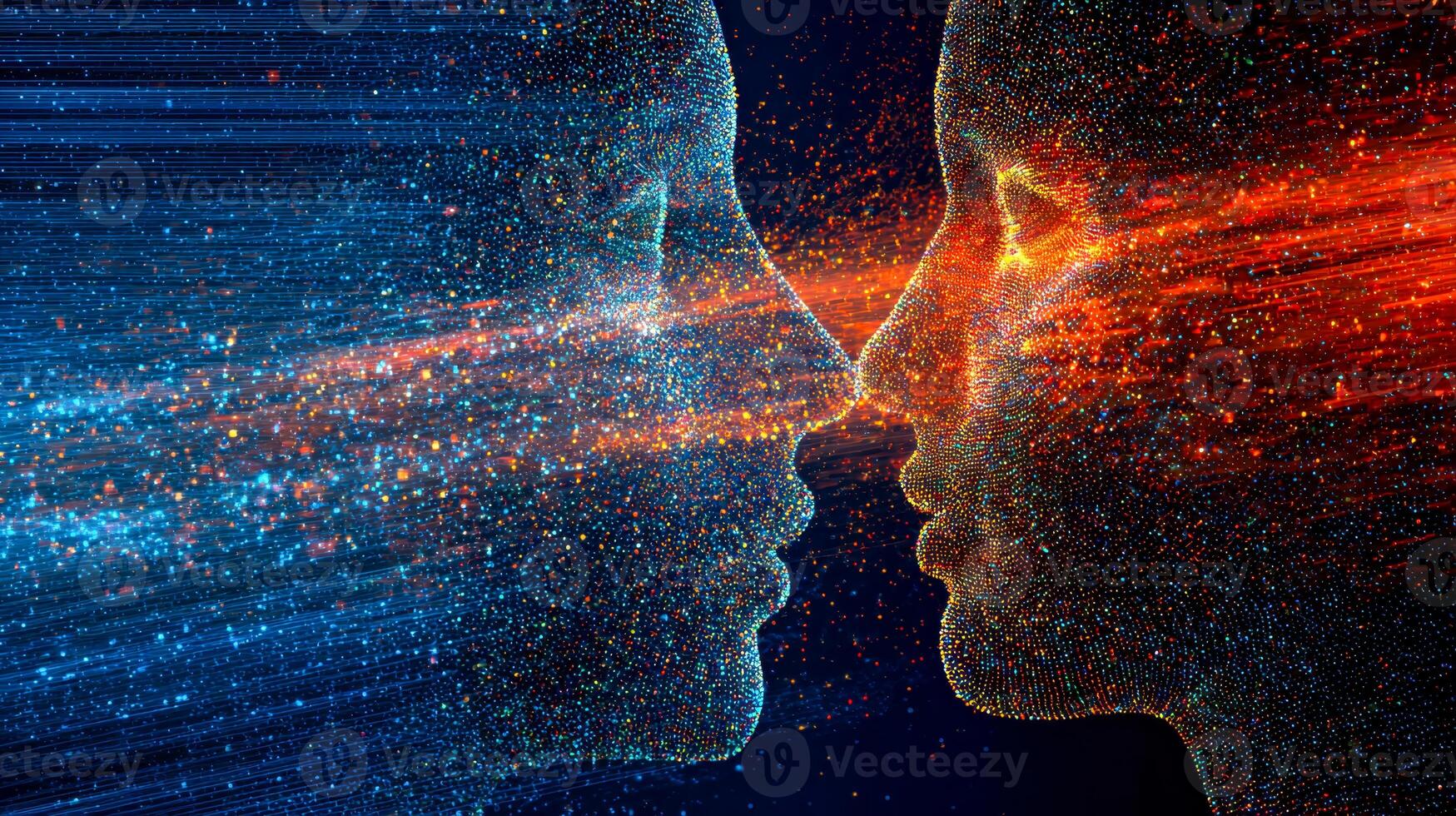 Digital depiction of two interconnected faces with vibrant light particles symbolizing connection and communication photo