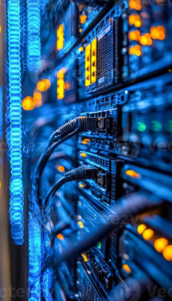 Close-up view of a server rack with illuminated network equipment and cables in a data center photo