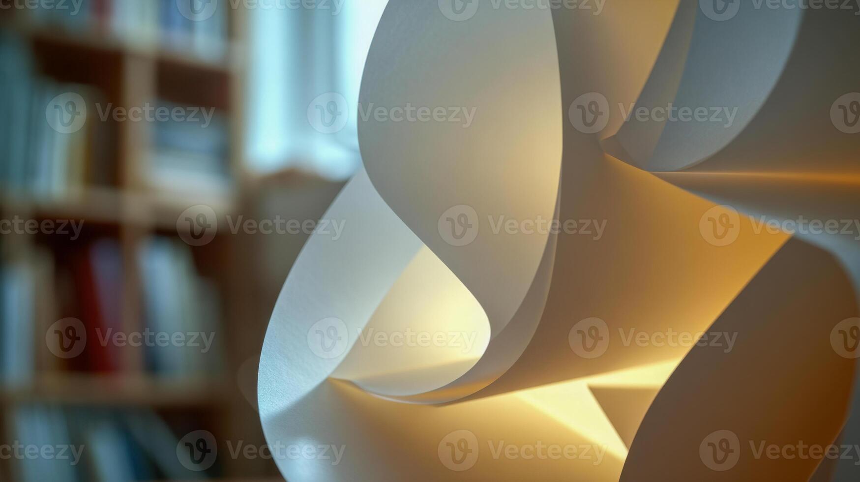 Abstract close-up of layered paper with warm and cool lighting effects, creating a modern artistic composition against a softly blurred bookshelf background photo