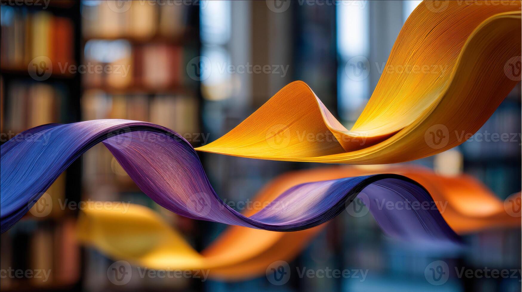 Vibrant, flowing paper ribbons in warm yellow, orange, and cool purple hues cascade dynamically in an artistic display against a blurred library backdrop, creating a lively visual photo