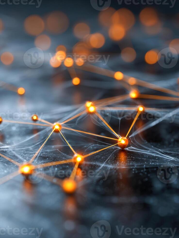 Close-up view of a glowing network with interconnected nodes illustrating complex digital connections and futuristic technology in an abstract environment photo