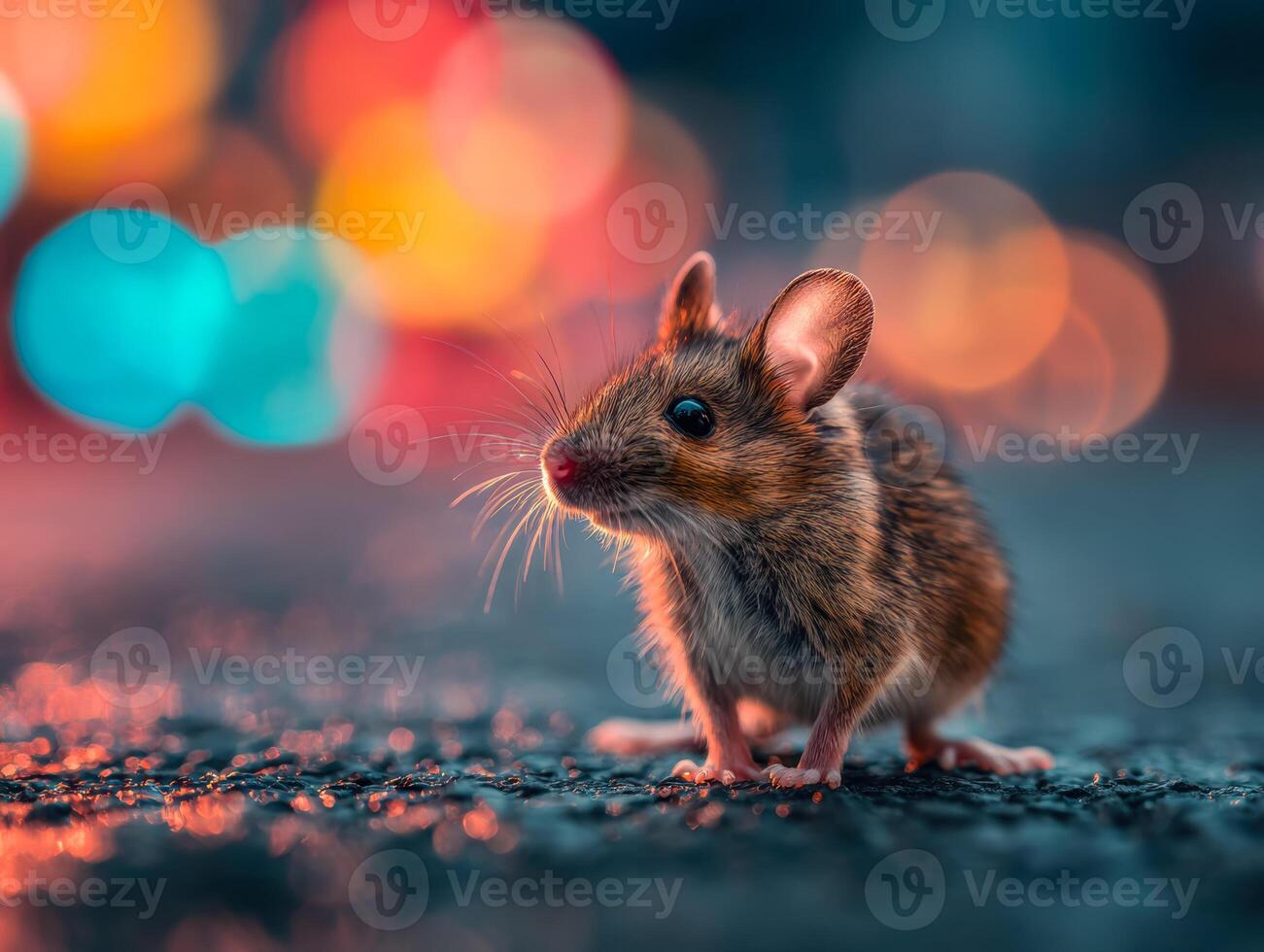 Close-up of a tiny mouse with colorful bokeh background photo