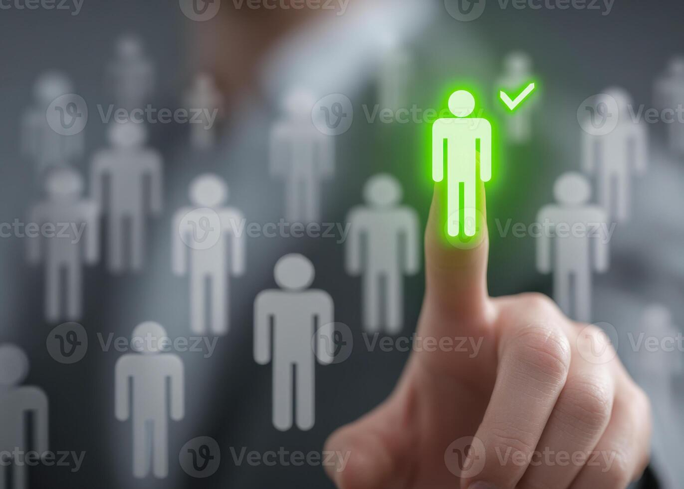 Selecting the right candidate concept with a human icon highlighted in green and a checkmark symbol on a touchscreen interface for recruitment and decision making photo